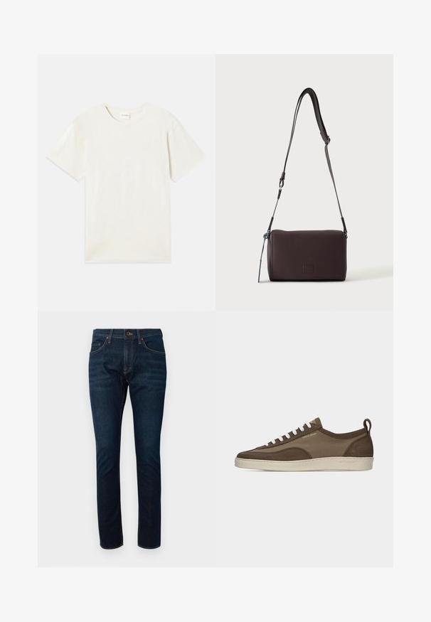 Camiseta de manga corta, cuello redondo en color beige claro, con una textura de algodón suave, corte relajado y sin patrones ni acentos visibles.; Jeans de denim azul oscuro con un diseño ajustado, que cuentan con cinco bolsillos y costuras en contraste. La tela tiene una textura suave.; Zapatilla baja marrón con cordones blancos, suela beige, parte superior de tela y ante, lengüeta lateral y logo "Tiger of Sweden" en texto dorado.; Bolso bandolera de cuero marrón oscuro con textura, correa ajustable y pequeño adorno decorativo azul en el lateral.
