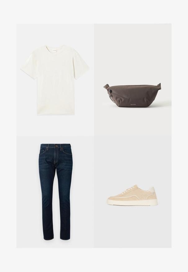 Kurzärmliges T-Shirt mit Rundhalsausschnitt in hellbeige, aus weicher Baumwolle mit lockerem Schnitt und ohne sichtbare Muster oder Akzente.; Dunkelblaue Jeans aus Denim mit einer figurbetonten Passform, die fünf Taschen und kontrastierende Nähte aufweisen. Der Stoff hat eine glatte Textur.; Beige Wildlederschuh mit weißer Sohle und Schnürsenkeln, niedrig geschnittenes Design und Zickzackprofil auf der Sohle.; Dunkelbraune Stoff-Gürteltasche mit diagonalem Reißverschlussfach und kleinem weißen Logo vorne, vor einem einfarbigen hellen Hintergrund.