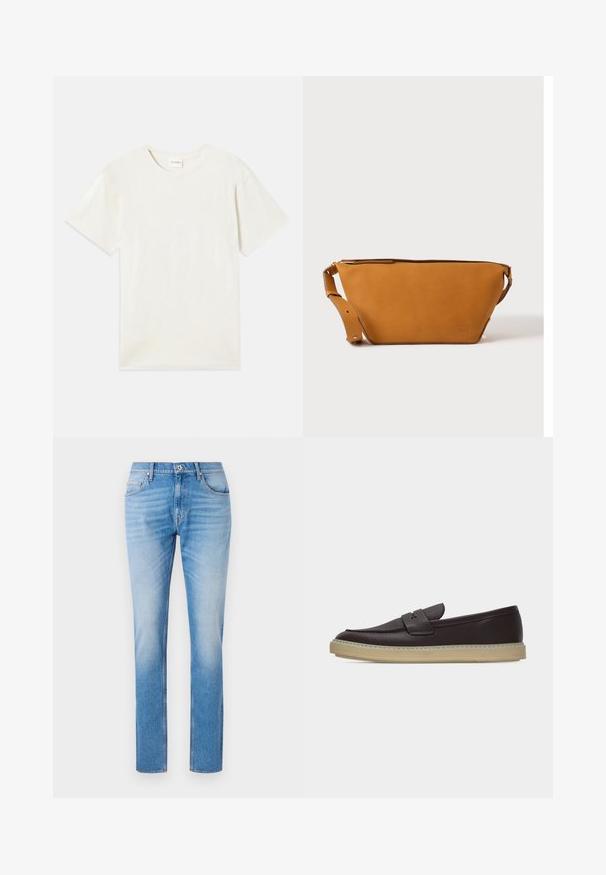 Korte mouwen, ronde hals t-shirt in licht beige, zachte katoenen textuur met een relaxte pasvorm en zonder zichtbare patronen of accenten.; Lichtblauwe denim jeans met een rechte pasvorm, voorzien van een klassiek vijf-pocket ontwerp, contrasterende stiksels en een lichte vervaging.; Donkerbruine leren loafer met beige rubberen zool en instapmodel, zijaanzicht op witte achtergrond.; Lichtbruine leren crossbodytas met verstelbare band en ritssluiting, getoond tegen een effen lichte achtergrond.