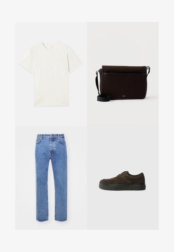 Korte ærmer, crew neck t-shirt i lys beige, blødt bomuldsstof med en afslappet pasform og uden synlige mønstre eller accenter.; Won Hundred STEVE - Jeans Relaxed Fit - cut blue; Brune suedene sneakers med lav profil, rund tå, snørebåndsdesign, tekstureret sort gummisol og minimal branding.; Mørkebrun stof messenger-taske med justerbar sort rem og lille sølvfarvet "BOSS"-logo på forklappen.