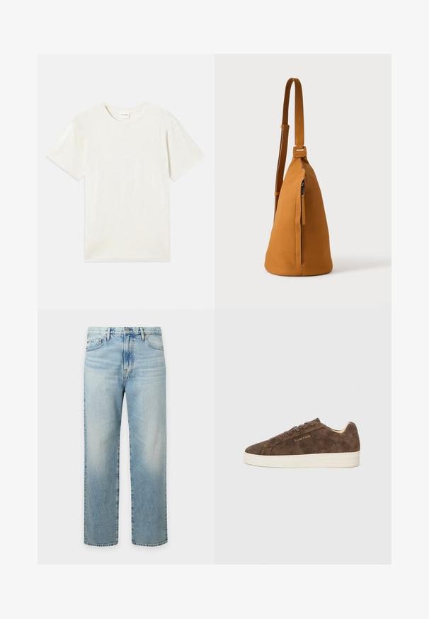 Korte ærmer, crew neck t-shirt i lys beige, blødt bomuldsstof med en afslappet pasform og uden synlige mønstre eller accenter.; Lyseblå straight-leg denim jeans med forlommer, bæltestropper og knaplukning.; Brune ruskinds sneakers med lav profil, rund tå og hvid gummisål. Har mørke snørebånd og diskret branding på siden.; Tan læder crossbodytaske med justerbar rem og lodret lynlåslomme, vist fra siden mod en ensfarvet lys baggrund.