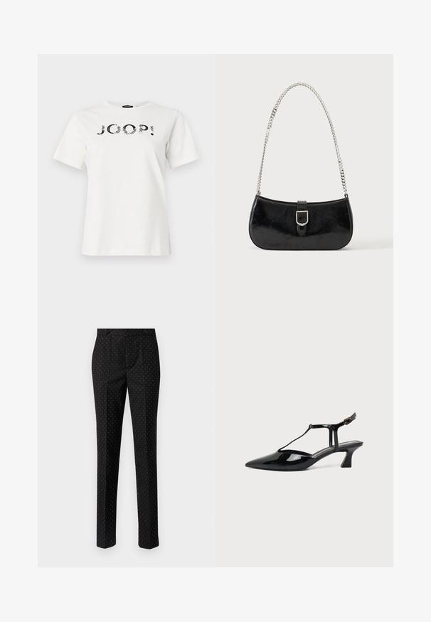 Λευκό βαμβακερό t-shirt με μαύρο γραφικό σχέδιο της λέξης «JOOP!» στο μπροστινό μέρος. Λαιμόκοψη τύπου crew και κοντά μανίκια.; Μαύρο παντελόνι με στενή εφαρμογή, με λεπτό λευκό πουά μοτίβο, δύο μπροστινές τσέπες και ομαλή υφή υφάσματος.; Μαύρο παπούτσι slingback από λουστρίνι με μυτερή μύτη, T-στραπ και χαμηλό κεκλιμένο τακούνι, σε λευκό φόντο.; Μαύρη τσάντα ώμου από δερμάτινο γυαλιστερό υλικό με ασημένια αγκράφα και ασημένια αλυσίδα, εμφανιζόμενη σε απλό φωτεινό φόντο.