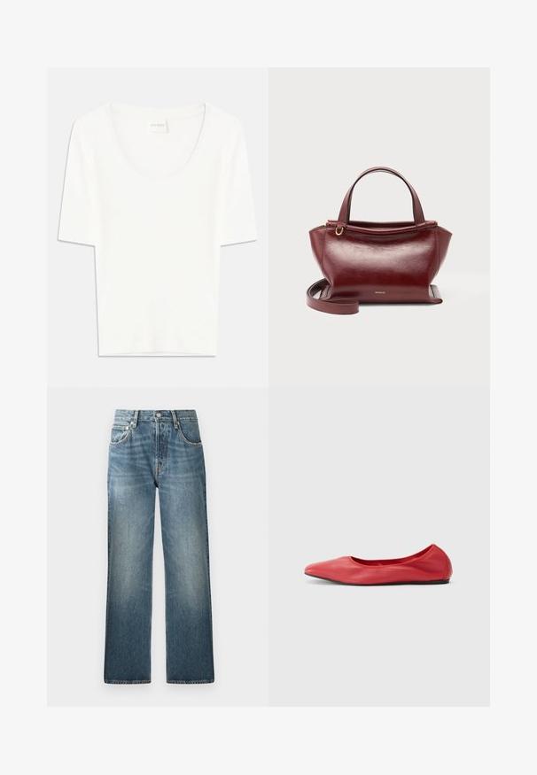 T-shirt blanc à manches courtes avec un col rond. Fabriqué en coton doux, il présente une coupe décontractée et un design minimaliste.; Jean en denim bleu avec un design à jambe droite, doté d'une taille haute, de cinq poches et d'une finition légèrement délavée et texturée.; Filippa K REY FLATS - Ballerines - bright red; Sac à main en cuir rouge foncé avec doubles poignées supérieures, bandoulière amovible, ferrures dorées et nom de la marque Wandler au centre avant.