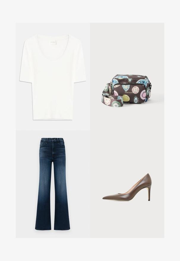 Witte T-shirt met korte mouwen en een ronde hals. Gemaakt van zacht katoen, heeft het een comfortabele pasvorm en een minimalistisch ontwerp.; Denim flared jeans, donkerblauw met een gradient vervaging. Beschikt over vijf zakken en een traditionele knoop- en ritsluiting. Gladde textuur.; Bruine leren pump met spits toelopende neus, slanke naaldhak en een gladde afwerking op een lichte achtergrond.; Crossbodytas met kleurrijke ovale patronen op een donkere achtergrond, voorvak met ritssluiting en verstelbare band, gebrandmerkt met "STINE GOYA" in gouden letters.