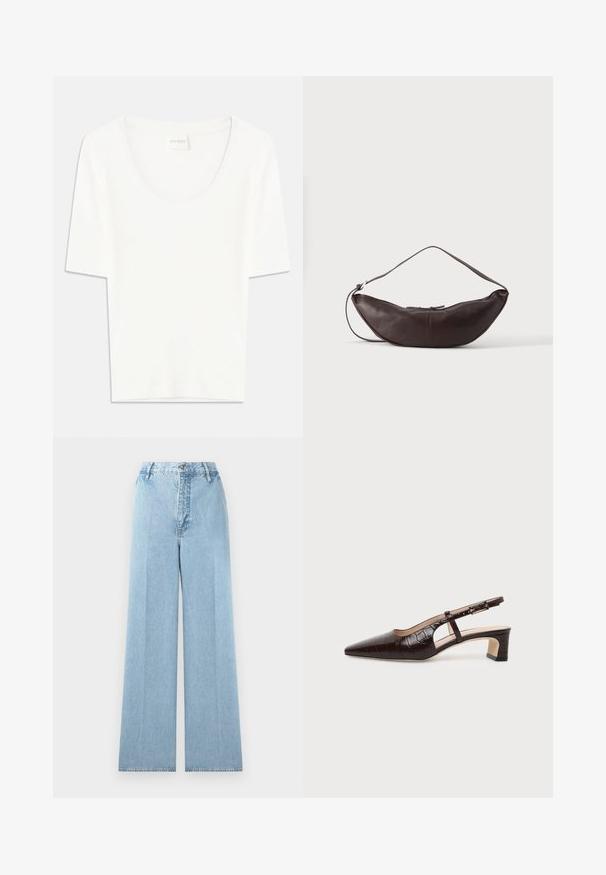 Weißes T-Shirt mit kurzen Ärmeln und rundem Ausschnitt. Hergestellt aus weichem Baumwollstoff, bietet es einen lässigen Schnitt und ein minimalistisches Design.; Hellblaue weit geschnittene Jeans aus Denim mit hoher Taille, ausgestattet mit fünf Gürtelschlaufen, einem vorderen Knopfverschluss und gesteppte Nähte.; Dunkelbrauner Slingback-Schuh aus krokodilgeprägtem Leder mit spitzer Spitze, niedrigem Blockabsatz und verstellbarem goldfarbenem Schnallenriemen.; Dunkelbraune Leder-Schultertasche in Halbmondform mit gebogenem Riemen und sichtbarer Naht auf schlichtem Hintergrund.