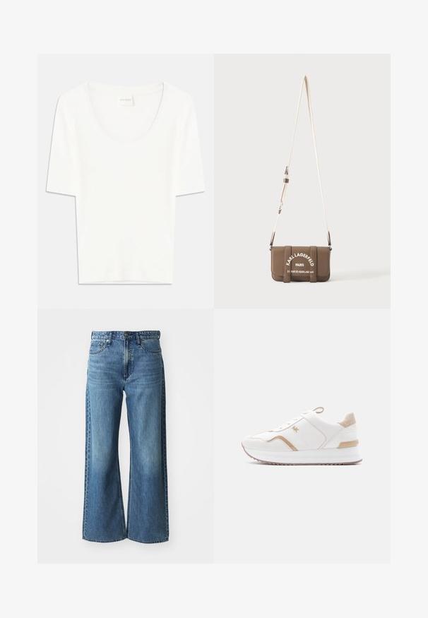 Valge lühikeste varrukatega T-särk ümmarguse kaelusega. Valmistatud pehmest puuvillakangast, omab see vaba lõiget ja minimaalset disaini.; Laiad sinised denim püksid keskmise kõrgusega vöökoht, viie taskuga ja peene kulumisega. Omadusteks on vöökohakonksud ja õmbluste detailid.; Valge platvormtoss beežide rõhutustega, tekstureeritud kand ja külje peal "MK" logo, näidatud profiilis heledal taustal.; Pruun nahast õlakott reguleeritava rihma, eesmine kaas ning valge "Karl Lagerfeld Paris" logo ja aadressitekstiga.