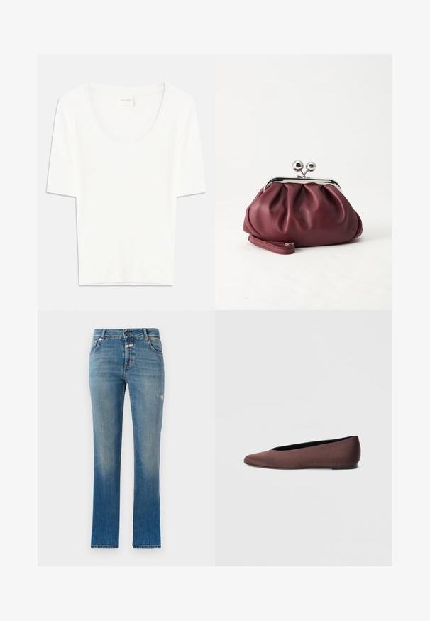 Witte T-shirt met korte mouwen en een ronde hals. Gemaakt van zacht katoen, heeft het een comfortabele pasvorm en een minimalistisch ontwerp.; Lichtblauwe rechte spijkerbroek van denim. Beschikt over een middelhoge taille, voorzakken en een lichte slijtage op de stof.; Bruine stoffen balletschoenen met een puntige neus en een gladde textuur, voorzien van een lage achterkant en een dunne zwarte zool. Geen zichtbare patronen of metalen onderdelen.; Kleine bordeauxrode leren clutch-portemonnee met zilverkleurige metalen sluiting en polsbandje op een witte achtergrond.