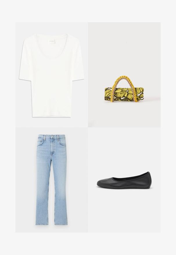 Camiseta blanca de manga corta con cuello redondo. Confeccionada en suave tejido de algodón, presenta un corte relajado y un diseño minimalista.; Jeans de mezclilla azul claro con un diseño de pierna recta, cintura alta y un ligero desgaste. Presenta el clásico estilo de cinco bolsillos y una cremallera en la bragueta.; Bailarina de piel negra con punta redondeada, textura suave, detalle de costura minimalista y diseño de suela flexible.; Bolsa rectangular con patrón floral en amarillo y negro y asa trenzada amarilla y rosa sobre fondo blanco.