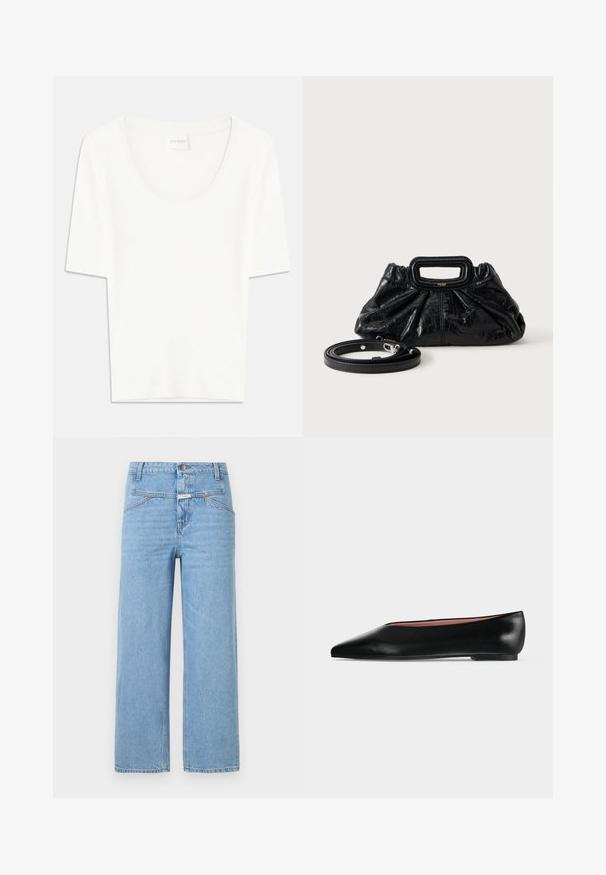Hvid kortærmet T-shirt med rund halsudskæring. Fremstillet af blødt bomuldsstof, har den en afslappet pasform og minimalistisk design.; CLOSED STOVER - Jeans Relaxed Fit - light blue; Sort damesko i læder med flad hæl og spids tå, vist fra siden på en ensfarvet lys grå baggrund.; Lille sort læderhåndtaske med rynket tekstur, rektangulært håndtag og aftagelig tynd skulderrem placeret ved siden af.