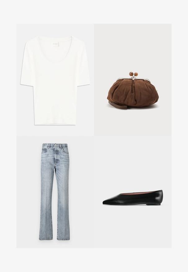 Camiseta blanca de manga corta con cuello redondo. Confeccionada en suave tejido de algodón, presenta un corte relajado y un diseño minimalista.; Jeans de mezclilla azul claro con un diseño de pierna acampanada, cintura alta, bolsillos frontales y un desvanecimiento sutil. Cierre estándar con botón y cremallera.; Zapato plano negro de cuero para mujer con punta puntiaguda y tacón bajo, mostrado de lado sobre un fondo liso gris claro.; Bolso de mano marrón suave de ante con marco metálico plateado y bolas redondas marrones como cierre sobre un fondo claro y sencillo.