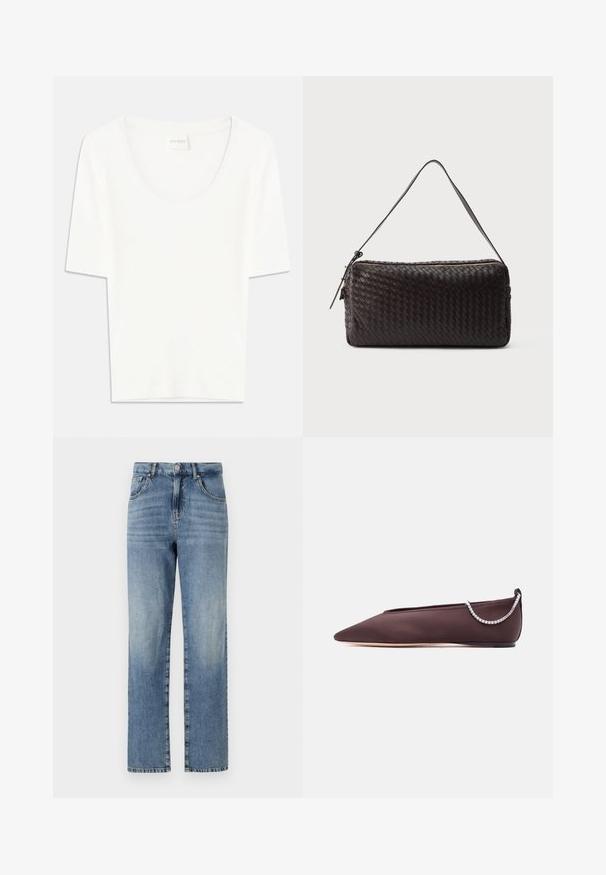 Camiseta blanca de manga corta con cuello redondo. Confeccionada en suave tejido de algodón, presenta un corte relajado y un diseño minimalista.; Jeans de mezclilla en un azul claro con un diseño de pierna recta, que cuentan con cinco bolsillos, un cierre de botón y cremallera, y un desvanecimiento mínimo en la tela.; Zapato plano de punta fina de color marrón oscuro con un tacón bajo y un detalle de cadena de pedrería plateada en la parte trasera.; Bolso de hombro rectangular negro con diseño de cuero trenzado y cierre de cremallera dorada sobre fondo liso.