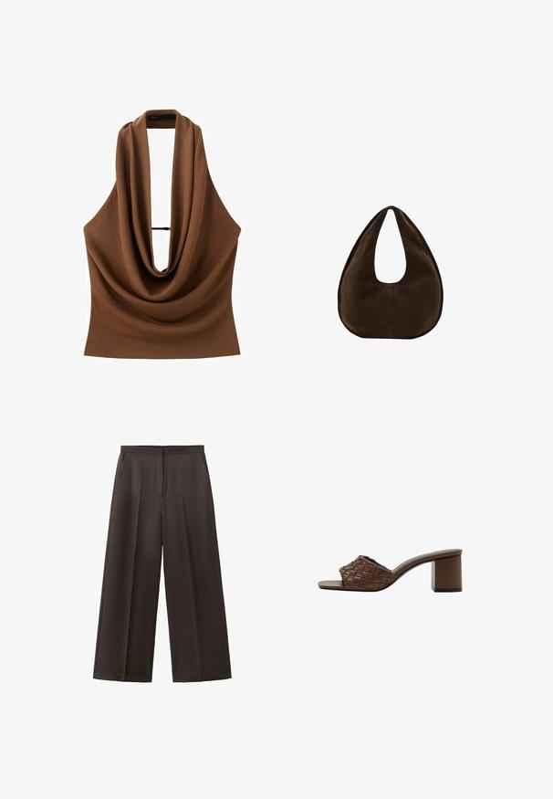 Haut marron sans manches avec un décolleté drapé profond en forme de bénitier et une fine lanière horizontale traversant le haut de la poitrine.; Pantalon noir à jambes larges avec taille haute, plis avant et poches latérales, conçu pour une tenue formelle ou professionnelle.; Sandale mule marron avec tige en cuir tressé, bout ouvert et talon bloc sur fond blanc.; Sac à main en daim marron foncé en forme de croissant avec une seule sangle large et une texture lisse sur fond blanc.