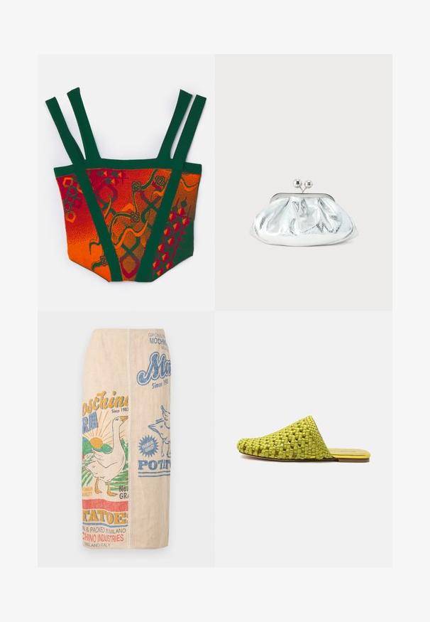 Haut tricoté coloré présentant des motifs orange, rouge et vert. Le design inclut des bretelles larges et des motifs géométriques et abstraits distincts.; Jupe midi beige avec imprimé coloré style vintage ferme et sac de pommes de terre, avec un motif oie et soleil et des accents de texte.; Mule en tissu vert à enfiler avec semelle plate et bout pointu fermé, conçue pour un usage décontracté.; Petit sac pochette métallique argenté avec un design arrondi et froncé, fermeture à clip avec deux boules argentées.