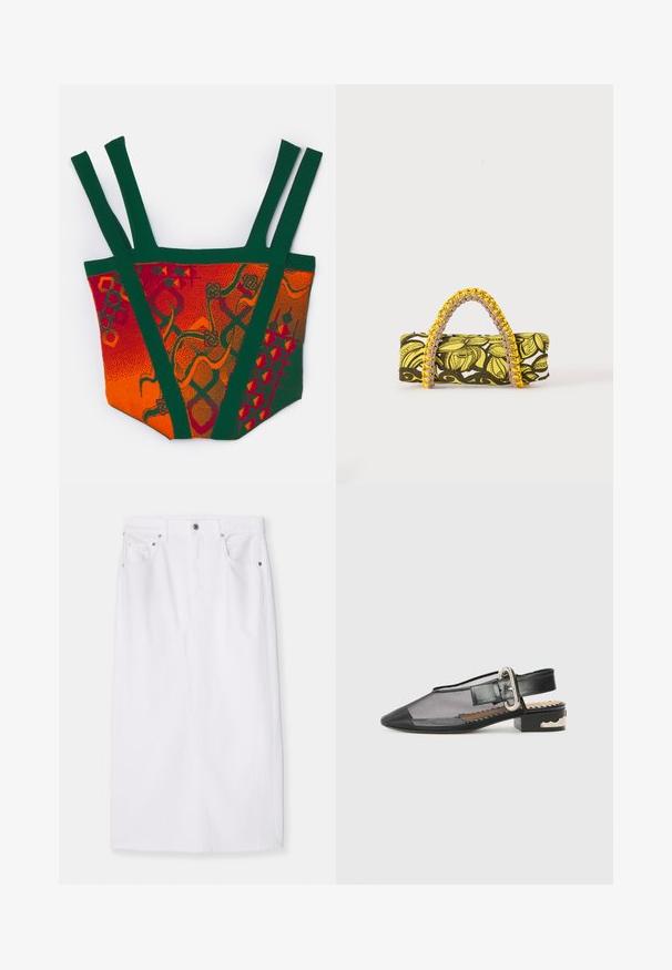 Haut tricoté coloré présentant des motifs orange, rouge et vert. Le design inclut des bretelles larges et des motifs géométriques et abstraits distincts.; Jupe en denim blanc à coupe droite, dotée d'une taille et d'une fermeture éclair à l'avant, rehaussée de quincaillerie en argent et de cinq poches. Design épuré.; Chaussure slingback en mesh noir, à bout pointu, avec une boucle décorative en argent et un talon carré présentant des accents de design ondulés en noir et argent.; Sac rectangulaire avec motif floral jaune et noir et anse tressée jaune et rose sur fond blanc.