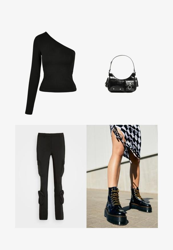 Zwarte top met lange mouwen en een asymmetrische halslijn. Gemaakt van een gladde stof, met een getailleerd ontwerp en een gebogen zoom. Geen patronen of versieringen.; Weekday ILA CARGO TROUSER - Cargobroek - black; Zwarte leren platformlaarzen met chunky zolen, gouden veters en oranje stiksels, gecombineerd met een geruite rok met een zijformulier.; Zwarte laarzen in lakleer met een gebogen vorm, één schouderband, voorvakken en accenten in zilverkleurig metaal.