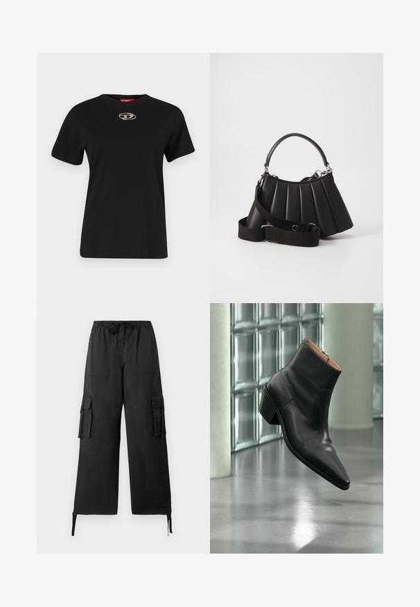 Čierne bavlnené tričko s krátkymi rukávmi a okrúhlym výstrihom. Obsahuje strieborný logo detail umiestnený na hrudníku. Hladká textúra.; Tommy Jeans ELASTICATED PANT - Kapsáče - black; Čierna kožená členková obuv s ostrou špičkou a blokovým podpätkom vznášajúca sa nad odrazovou sivou podlahou pri stene zo sklenených blokov.; Čierna plisovaná kabelka s okrúhlou rukoväťou, nastaviteľným popruhom a lesklou textúrou. Obsahuje strieborné kovanie a štruktúrovaný siluetu.