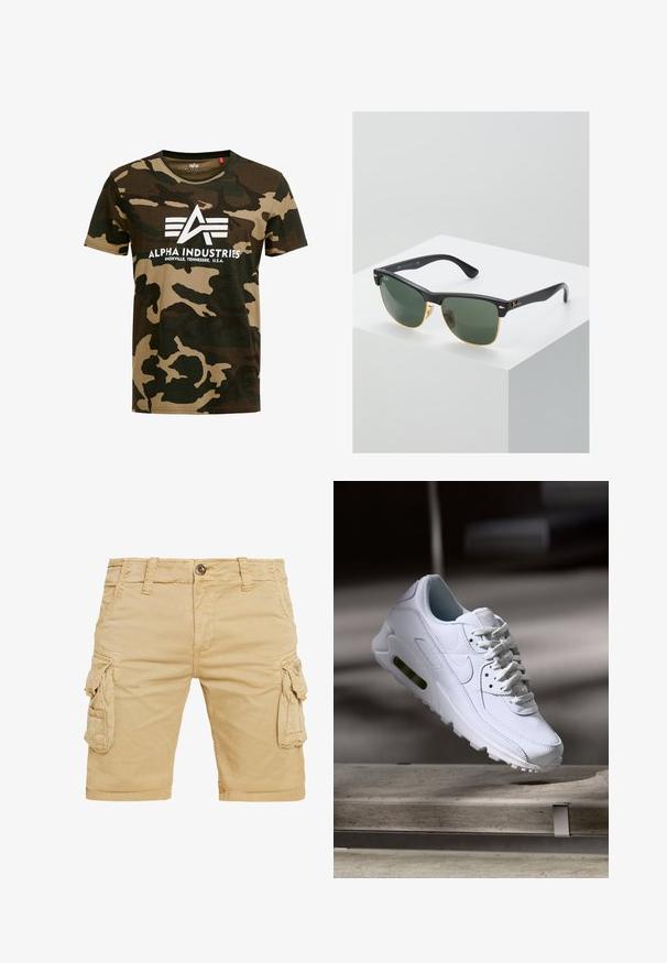 Tarn-T-Shirt in Dunkelgrün und Beige mit Rundhalsausschnitt; bietet ein zentrales weißes Logo mit stilisierten Buchstaben und Text am unteren Rand.; Khaki Cargo-Shorts mit mehreren Seitentaschen, einem Knopfverschluss und Gürtelschlaufen. Aus leichtem Stoff gefertigt, mit gerader Passform.; Weiße Lederturnschuhe mit strukturierten Oberflächen, gepolstertem Kragen und sichtbarer Luftpolsterung in der Sohle. Verfügt über Schnürsenkel und ein minimalistisches Design.; Ray-Ban Sonnenbrillen mit grünen Gläsern, schwarzen Kunststoffrahmen und goldenen Akzenten an den Rändern. Quadratische Form mit matter Oberfläche.