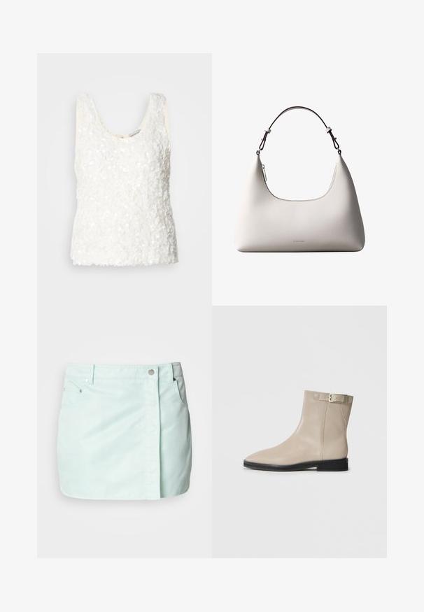 Haut blanc sans manches avec un ornement texturé en sequins, col rond et ourlet droit, doté d'une doublure intérieure lisse.; Jupe en denim vert menthe clair avec une fermeture éclair et des boutons à l'avant, deux poches latérales et une texture propre et lisse.; Bottes en cuir beige à la cheville avec un bout pointu, semelle noire, talon bas et une sangle à boucle dorée sur le côté externe, présentées sur un fond blanc.; Sac à bandoulière en cuir couleur crème de Calvin Klein avec bord supérieur incurvé, fermeture éclair argentée et sangle ajustable brun foncé.
