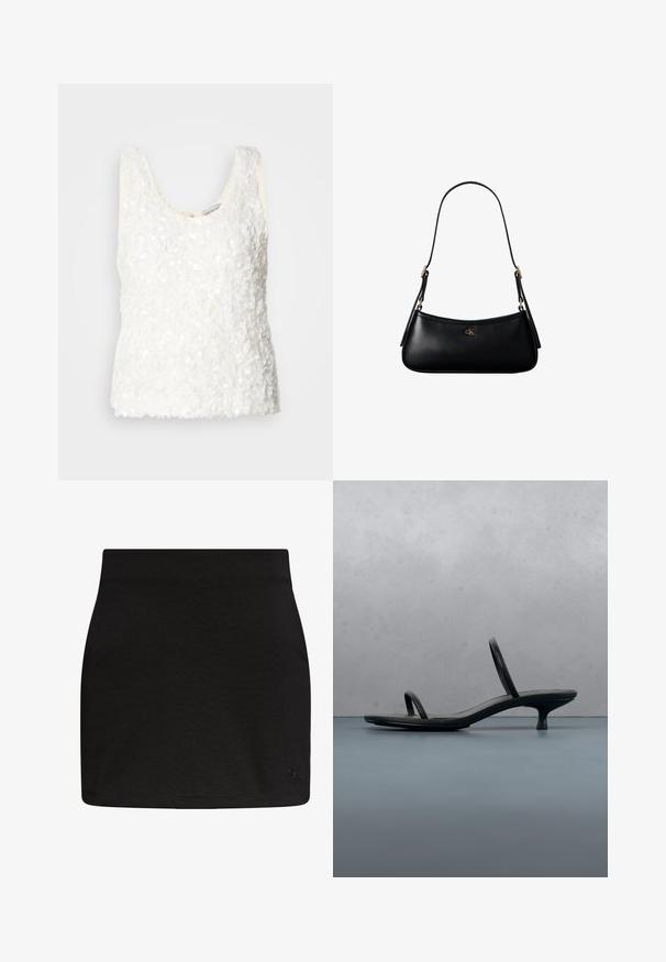 Haut blanc sans manches avec un ornement texturé en sequins, col rond et ourlet droit, doté d'une doublure intérieure lisse.; Mini-jupe noire Calvin Klein à coupe droite avec un logo CK discret sur l'ourlet inférieur droit.; Sandale à talon Calvin Klein noire avec des lanières fines, posée sur des carreaux en bois en plein air près d'un mur et de la verdure.; Mini sac à bandoulière en cuir noir avec une fine bandoulière et un petit logo CK doré au centre avant.