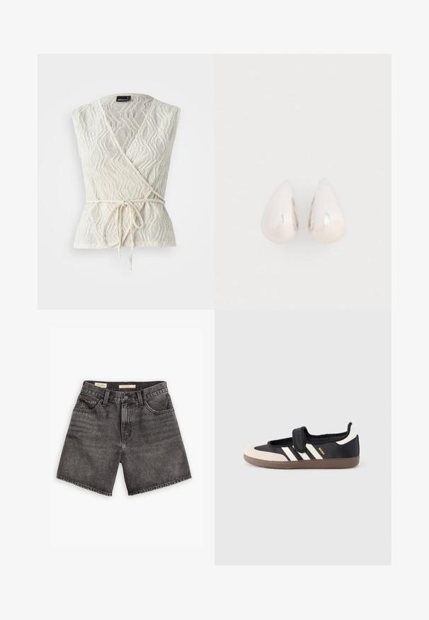 Hvid indpakningstop lavet af struktureret stof med et bølge mønster. Har en binde foran i livet og en dyb V-udskæring.; Sorte denimshorts med høj talje, to forlommer og knaplukning. Har en falmet struktur og en ren kant.; Sort og beige sko med velcrolukning, tre hvide striber på siden og en tekstureret brun gummisål. Mærkelogo er synligt.; Sølvmetal dråbeøreringe med en glat, reflekterende overflade og tåreform, der har et sammenhængende design uden synlige udsmykninger.