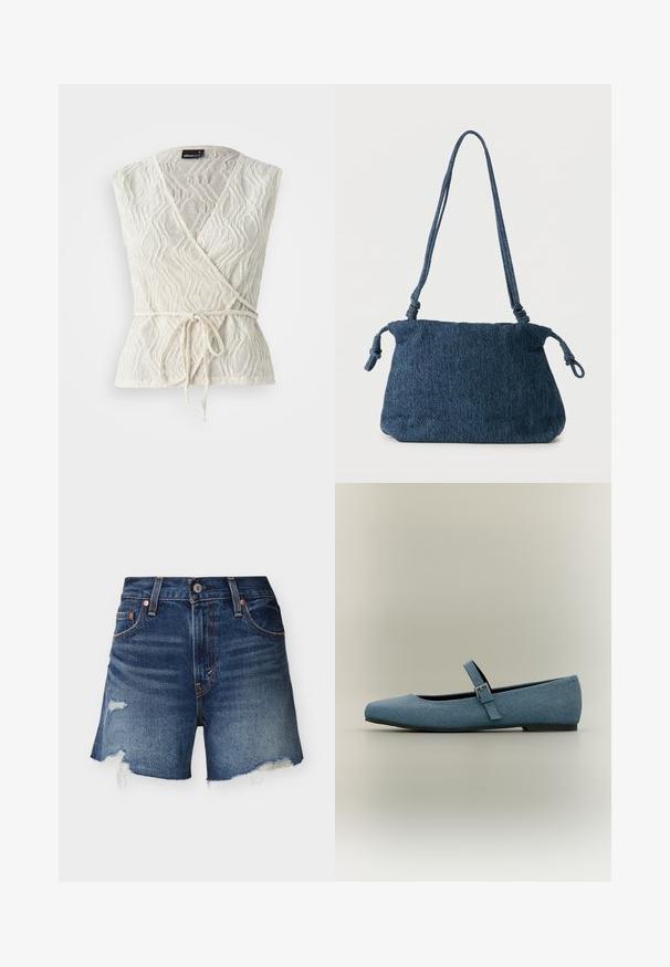 Hvid indpakningstop lavet af struktureret stof med et bølge mønster. Har en binde foran i livet og en dyb V-udskæring.; Blå denimshorts med frynser og slidte pletter på en ensartet lys baggrund, forfra.; Blå stofballetsko med en tynd justerbar rem og lille sølvspænde, flad sål og rundet tå, vist på neutral baggrund.; Mørkeblå denim skuldertaske med knyttede stropender og en enkel rektangulær form mod en hvid baggrund.