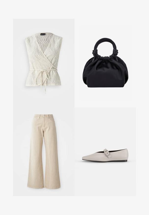 Hvid indpakningstop lavet af struktureret stof med et bølge mønster. Har en binde foran i livet og en dyb V-udskæring.; Beige brede benjeans lavet af denim, med høj talje, forlommer og et enkelt design uden mønstre eller detaljer.; Beige læder flad sko med spidse tæer, en sidelukning som accent og en lav sort sål. Glat tekstur og minimalistisk design.; Sort blød stofhåndtaske med samlet top og cirkulære polstrede håndtag bundet med knuder på hver side.