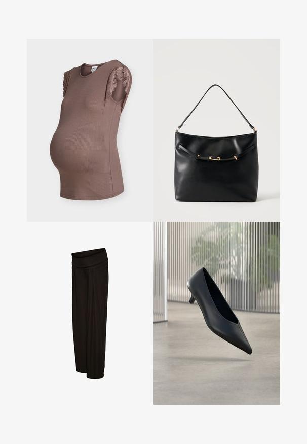 Top de maternité sans manches en maille côtelée marron avec bordure en dentelle sur les ouvertures d'épaule et encolure arrondie.; Pantalon noir à jambes larges avec une ceinture plissée et une coupe ample, fabriqué en tissu léger.; Chaussure noire à talon kitten à bout pointu flottant au-dessus d'un sol en béton lisse avec des panneaux translucides verticaux en arrière-plan.; Sac à épaule en cuir noir avec une bandoulière unique et un petit détail de boucle dorée à l'avant, sur un fond clair uni.