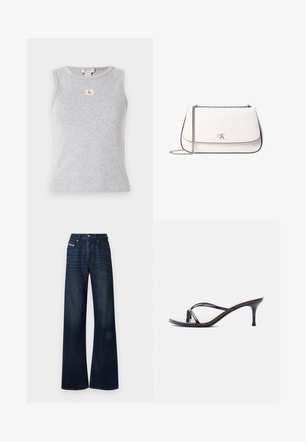 Top sans manches gris en tissu côtelé, avec un col rond et une petite étiquette logo CK à l'avant. Design simple et ajusté.; Jean large à jambes larges bleu foncé en denim. Comprend une fermeture à boutons, un design à cinq poches et un léger délavage sur le devant.; Sandale à talon en cuir verni noir avec fines lanières croisées et talon aiguille moyen et élancé sur fond blanc.; Sac d'épaule en cuir blanc avec bandoulière chaîne argentée et petit logo "cK" sur le rabat avant.