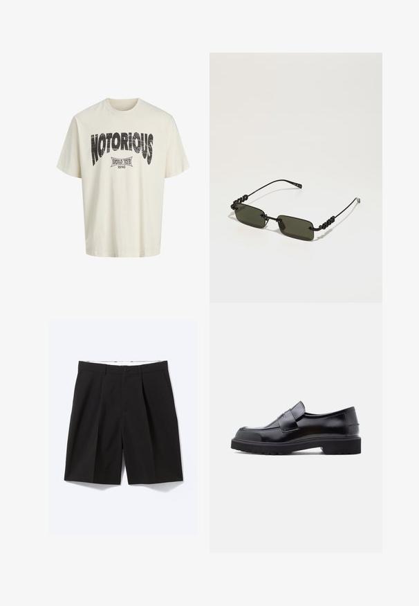 Weißes Baumwoll-T-Shirt mit kurzen Ärmeln, das eine auffällige schwarze "NOTORIOUS" Grafik und das Design "WORLD TOUR 1990" darunter in verwittertem Druck zeigt.; Schwarze, maßgeschneiderte knielange Shorts mit Gürtelschlaufen, Seitentaschen, Knopfverschluss und vorderen Falten, flach auf weißem Hintergrund ausgelegt.; Schwarzer Leder Slipper mit elegantem Design, abgerundeter Schuhspitze und dicker, strukturierten Gummisohle. Mit einem dekorativen Riemen quer über der Vorderseite.; Schwarze Metallsonnenbrille mit rechteckigen, dunkelgrünen Gläsern, ausgestattet mit einem einzigartigen, gedrehten Rahmendesign. Minimalistisches Design mit dezentem Branding.