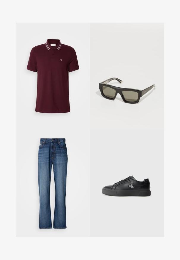 Männliches bordeauxfarbenes kurzärmliges Polohemd mit zwei Knöpfen, gestreiften Kragenkanten und kleinem weißen "cK"-Logo auf der Brust.; Blaue Jeans aus Denim mit hoher Taille, ausgestellten Beinen, Fünf-Pocket-Design und tonalem Nähen. Mit Knopfverschluss und genieteten Taschen.; Schwarze Ledersneaker mit abgerundeter Zehenpartie, flacher schwarzer Sohle und tonaler Schnürung. Mit einem silbernen Logo an der Seite, durchgehend glatte Textur.; Schwarze quadratische Sonnenbrille mit dunklen Gläsern, einem dicken Rahmen und silbernen Akzenten an den Bügeln. Logo eingraviert an der Seite.
