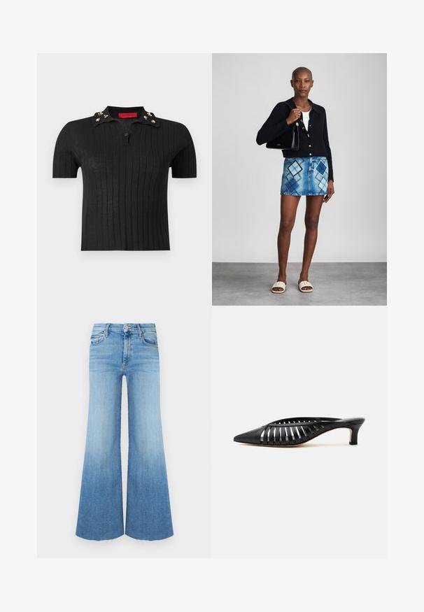 Polo noir à manches courtes en maille côtelée avec un col orné de petits bijoux décoratifs et un seul bouton sous le col.; Jean en denim clair avec une coupe évasée, taille haute, deux poches avant et un ourlet brut en bas.; Mule en cuir noir avec bout pointu, design découpé à brides et petit talon kitten sur fond blanc.; Un cardigan en maille noir, un haut blanc, une jupe en denim avec un motif de diamants bleus et noirs, un sac à main noir et des sandales à enfiler beiges.