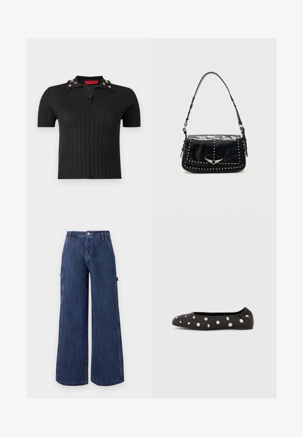 Polo noir à manches courtes en maille côtelée avec un col orné de petits bijoux décoratifs et un seul bouton sous le col.; Pantalon en denim bleu foncé à jambes larges, bouton sur le devant, fermeture éclair, poches latérales et passants de ceinture, présenté sur un fond blanc uni.; Chaussure ballerine noire à bride élastique à l'arrière, ornée de gros clous ronds argentés dispersés sur le dessus, vue de profil sur fond blanc.; Sac à épaule en cuir noir avec des clous argentés et un emblème métallique ailé sur le rabat avant sur fond uni.