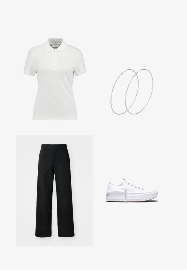 Witte polo met een gestructureerde katoenen stof, voorzien van een klassieke kraag, een knoopsluiting met drie knopen en een klein Lacoste-logo op de borst.; Zwarte wijde broek met een vlakke voorkant, knoopsluiting en riemlussen. Gemaakt van stevige stof met een gladde textuur.; Witte lage canvas sneaker met dikke plateauzool, veters aan de voorkant en rubberen toeskap met structuur, zijaanzicht.; Zilveren hoepel oorbellen met een minimalistisch ontwerp. Cirkelvormig, gladde textuur en dun profiel. Lichtgewicht met een gepolijste afwerking.
