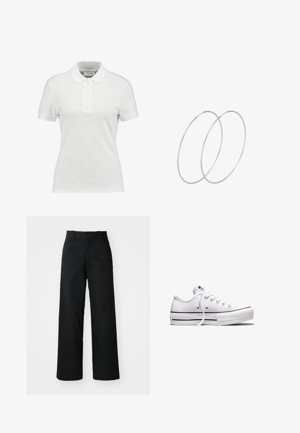 Weißes Poloshirt aus strukturiertem Baumwollstoff, mit klassischem Kragen, drei Knöpfen an der Knopfleiste und kleinem Lacoste-Logo auf der Brust.; Schwarze weit geschnittene Hose mit flachem Vorderteil, Knopfverschluss und Gürtelschlaufen. Hergestellt aus strapazierfähigem Stoff mit glatter Textur.; Weißer Sneaker aus Segeltuch mit niedrigem Schnitt, weißen Schnürsenkeln, Gummisohle, schwarzen Streifendetails und Logopatch auf der Zunge und Ferse.; Silberne Creolen mit minimalistischem Design. Rundform, glatte Oberfläche und dünnes Profil. Leichtgewichtig mit hochglänzender Oberfläche.
