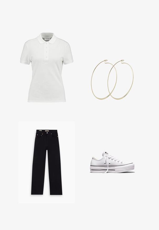 Hvid polo-shirt lavet af tekstureret bomuld, med en klassisk krave, tre-knaps placket og et lille Lacoste-logo på brystet.; Sorte denim jeans med lige pasform, fem lommer, kobberdetaljer og en glat tekstur. To mærker synlige på taljebåndet.; Lavtop hvid lærredsneaker med hvide snørebånd, gummisål, sorte stribedetaljer og logo-patch på tungen og hælen.; Pilgrim Øreringe - gold-coloured