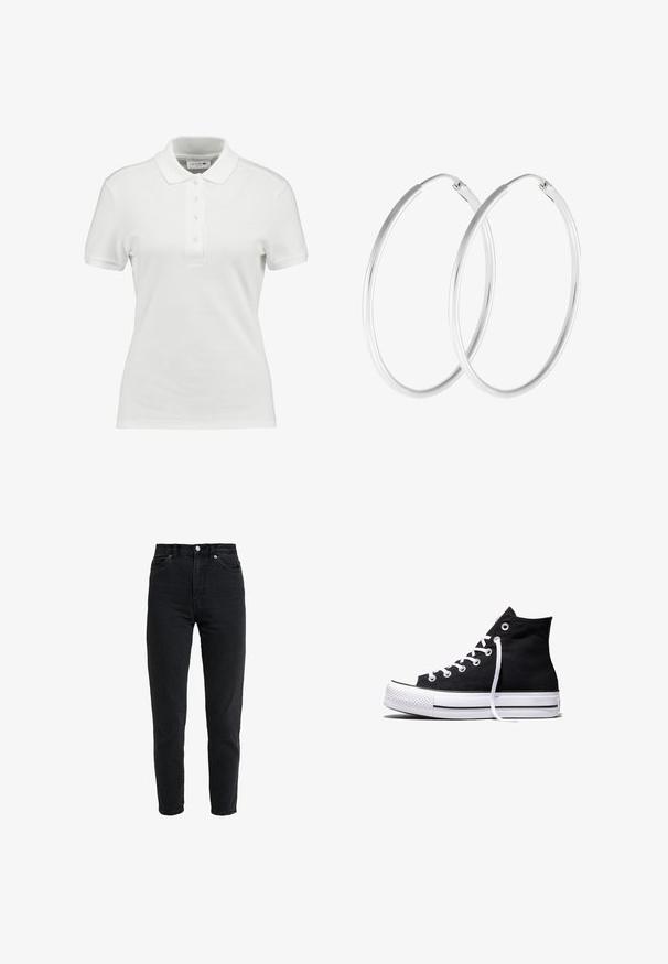 Witte polo met een gestructureerde katoenen stof, voorzien van een klassieke kraag, een knoopsluiting met drie knopen en een klein Lacoste-logo op de borst.; High-waist zwarte spijkerbroek met voorste knoop en rits, twee voorzakken en taps toelopende pijpen op een witte achtergrond.; Zwarte hooggesloten canvas sneaker met witte rubberen zool en witte veters, zijwaarts weergegeven op een witte achtergrond.; Zilverkleurige oorringen met een gladde, ronde vorm en een gepolijste afwerking. Beide oorbellen zijn van dezelfde grootte en hebben een veilige sluitmechanisme.