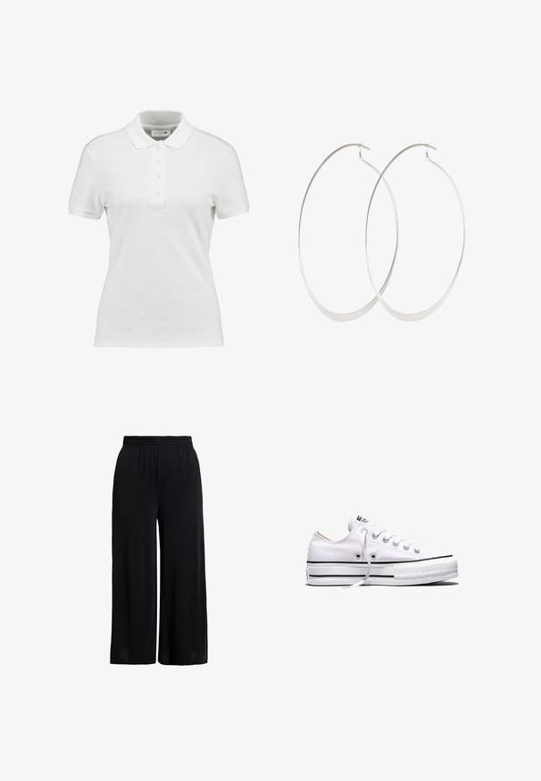 Weißes Poloshirt aus strukturiertem Baumwollstoff, mit klassischem Kragen, drei Knöpfen an der Knopfleiste und kleinem Lacoste-Logo auf der Brust.; Schwarze weit geschnittene Hose mit elastischem Bund, aus leichtem Stoff für eine lockere Passform.; Weißer Canvas-Sneaker in niedriger Ausführung mit weißen Schnürsenkeln, schwarzen Streifen an der Sohle und gummiertem, strukturiertem Zehenschutz, Seitenansicht vor weißem Hintergrund.; Silberne Creolen mit einem dünnen, glatten Design; länglich-ovale Form; polierte Oberfläche; ausgestattet mit einem sicheren Hakenverschluss.
