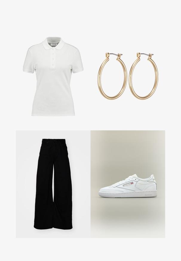 Hvid polo-shirt lavet af tekstureret bomuld, med en klassisk krave, tre-knaps placket og et lille Lacoste-logo på brystet.; Bredde ben sorte denimbukser med høj talje, med bæltestropper, fem lommer og en ren, struktureret finish.; Hvid Reebok low-top sneaker med syningsdetaljer, perforeringer nær tæerne og Reebok-logo med et lille Union Jack på siden.; Guldfarvede metal hoops øreringe med et glat, cirkulært design og en sikret hængsel-lukning. Letvægts med en poleret overflade.