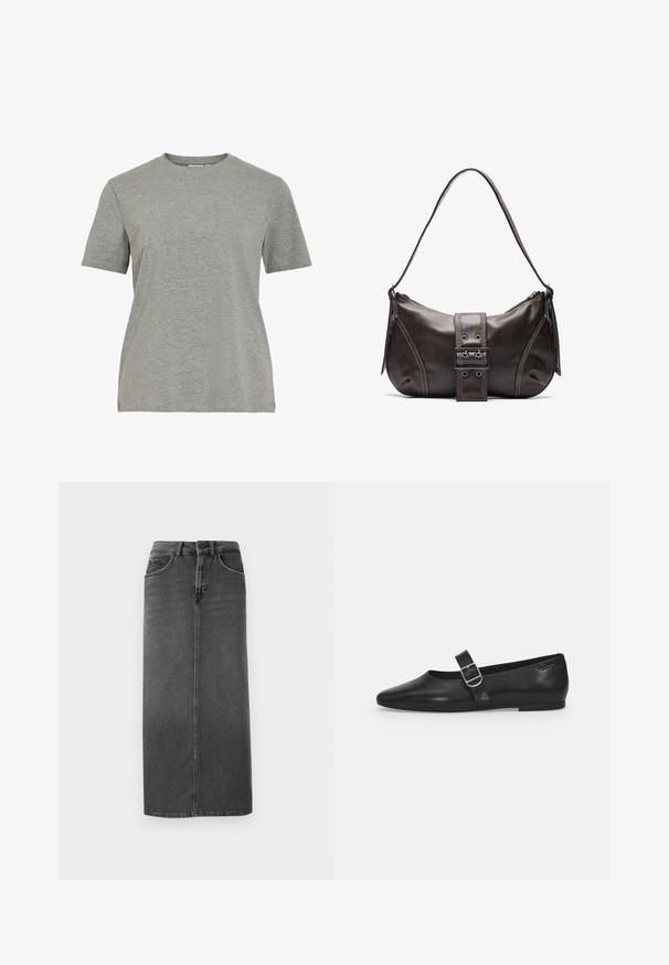 T-shirt gris en coton avec un col rond classique, des manches courtes et une texture lisse, idéal pour un usage décontracté.; Jupe midi en denim gris avec une coupe droite, design à cinq poches et passants de ceinture. Présente une fermeture à bouton sur le devant et des coutures minimalistes.; Chaussure plate en cuir noir avec un bout arrondi, une seule sangle réglable à boucle et une texture lisse et brillante. Design minimaliste avec un petit talon.; Sac à épaule en cuir marron avec une forme courbée, présentant un détail de boucle proéminent, des coutures contrastantes et une seule bandoulière.