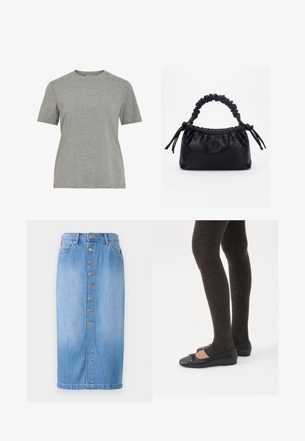 Grijs katoenen T-shirt met een klassieke ronde hals, korte mouwen en een gladde textuur, geschikt voor casual dragen.; Blauwe denim midi-rok met een rechte snit, voorzien van een sluiting met knopen aan de voorkant, vijf zakken en een vervaagde wassing voor textuur.; Benen met donkere geribbelde leggings gecombineerd met zwarte ballerina's met kleine strikdetails op een witte achtergrond.; Zwarte handtas met krokodillenstructuur, geplooide bovenrand, samengevoerde handgreep en koordtassels aan elke kant tegen een witte achtergrond.