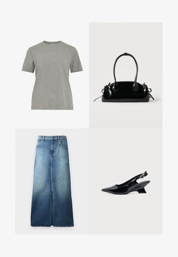 Grijs katoenen T-shirt met een klassieke ronde hals, korte mouwen en een gladde textuur, geschikt voor casual dragen.; Denim rok in een licht naar donkerblauw gradient, met een voorzijde split, standaard tailleband en een rechte snit met gezoomde randen.; Zwarte lakleren slingback schoen met spitse neus en lage schuine blokhak op een effen lichte achtergrond.; Kleine zwarte glanzende handtas met twee lange hengsels en zijkant trekkoord details op een effen lichte achtergrond.