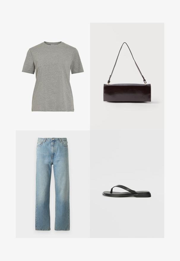 Grijs katoenen T-shirt met een klassieke ronde hals, korte mouwen en een gladde textuur, geschikt voor casual dragen.; Lichtblauwe denimjeans met een recht gesneden ontwerp, voorzien van een vijf-pocketstijl en een knoopsluiting bij de taille.; Zwarte teenflip-flop van glad leer, met een dunne band en een platte zool met een minimalistisch profiel. Geen opvallende patronen of accenten.; Rechthoekige zwarte leren handtas met een enkele lange schouderband en een glanzende afwerking, weergegeven tegen een effen witte achtergrond.