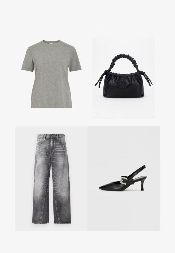 Graues Baumwoll-T-Shirt mit klassischem Rundhalsausschnitt, kurzen Ärmeln und glatter Textur, geeignet für legere Kleidung.; Weite Jeans aus verblasstem grauem Denim. Verfügbar mit einem klassischen Knopf- und Reißverschluss, fünf Taschen und subtilen Used-Effekten.; Schwarzer Slingback-Schuh aus Leder mit spitz zulaufender Zehenpartie, kleinem Absatz und Schnallenakzent mit Strasssteinen. Glatte Textur, minimalistisches Design.; Schwarze Handtasche mit Krokodilstruktur, gerafftem oberen Rand, zusammengezogenem Griff und Zugkordeln mit Quasten an jeder Seite vor weißem Hintergrund.