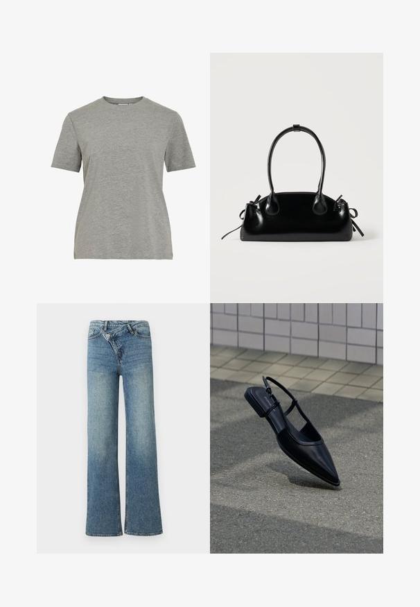 Grå bomulds-T-shirt med klassisk rund hals, korte ærmer og en glat tekstur, egnet til afslappet brug.; Lyseblå denim jeans med vide ben og høj talje, let falmet effekt og knaplukning foran. Har fem lommer og minimal syning.; Sort slingback-flad sko med spids tå, svævende over en asfaltflade ved siden af en flisebelagt fortov.; Lille sort blank håndtaske med to lange håndtag og snøre-detaljer i siden på en ensfarvet lys baggrund.