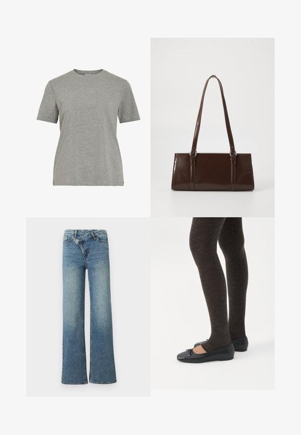 T-shirt gris en coton avec un col rond classique, des manches courtes et une texture lisse, idéal pour un usage décontracté.; Jean en denim bleu clair à jambes larges avec une taille haute, un délavage clair et une fermeture à bouton à l'avant. Comprend cinq poches et des coutures minimales.; Jambes portant des leggings côtelés foncés associés à des ballerines noires avec de petits détails en nœud sur fond blanc.; Sac à main en cuir verni marron de forme rectangulaire, avec deux longues poignées et des accents courbés subtils à l'avant.