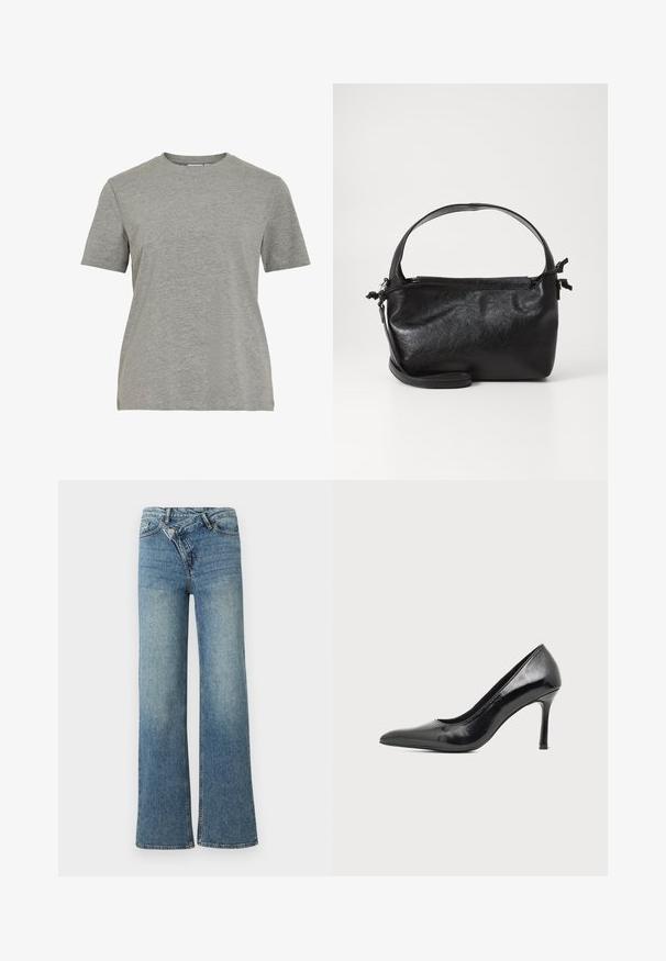 Graues Baumwoll-T-Shirt mit klassischem Rundhalsausschnitt, kurzen Ärmeln und glatter Textur, geeignet für legere Kleidung.; Hellblaue Jeans aus Denim mit weitem Bein, hoher Taille, leichter Verblassung und Knopfverschluss vorne. Verfügt über fünf Taschen und minimale Nähte.; Schwarzer Damenspitzschuh aus Lackleder mit spitzer Zehenpartie und schlankem Absatz auf hellem, schlichter Hintergrund.; Schwarze Lederhandtasche mit strukturiertem Design, rundem Haltegriff und abnehmbarem Schulterriemen. Sie weist eine glatte Oberfläche und einen subtilen Glanz auf.