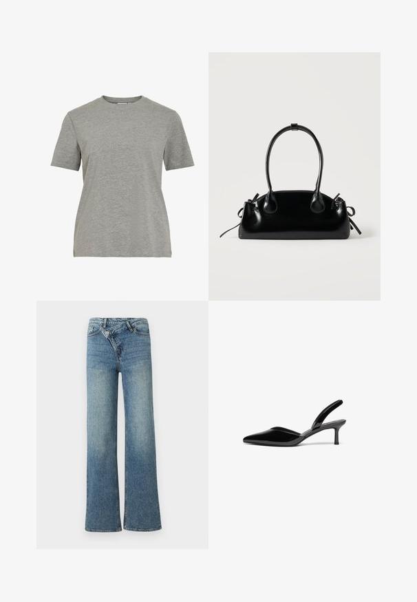Grå bomulds-T-shirt med klassisk rund hals, korte ærmer og en glat tekstur, egnet til afslappet brug.; Lyseblå denim jeans med vide ben og høj talje, let falmet effekt og knaplukning foran. Har fem lommer og minimal syning.; Sorte patentlæder slingback hæle med spids tå, lav stiletto hæl og et elegant, enkelt design uden pynt.; Lille sort blank håndtaske med to lange håndtag og snøre-detaljer i siden på en ensfarvet lys baggrund.