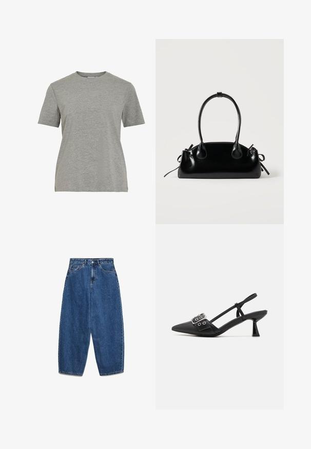 Graues Baumwoll-T-Shirt mit klassischem Rundhalsausschnitt, kurzen Ärmeln und glatter Textur, geeignet für legere Kleidung.; Blaue Jeans aus Denim mit hoher Taille, lockerem Schnitt und geraden Beinen. Klassisches Fünf-Taschen-Design mit Reißverschluss und Knopfverschluss.; Simmi London DALA - Pumps - black; Kleine schwarze glänzende Handtasche mit zwei langen Griffen und seitlichen Kordelzug-Details vor einfachem hellem Hintergrund.