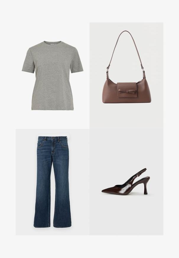 T-shirt gris en coton avec un col rond classique, des manches courtes et une texture lisse, idéal pour un usage décontracté.; Jean large bleu foncé avec une conception classique à cinq poches, doté d'une fermeture à bouton et de légères décolorations. Fabriqué en tissu denim.; Talons slingback en cuir verni brun avec un bout pointu, un talon fin, et une sangle réglable avec une petite boucle.; Sac à bandoulière en cuir marron avec une poche à rabat avant ornée d'un détail en forme de nœud cousu et une sangle réglable.
