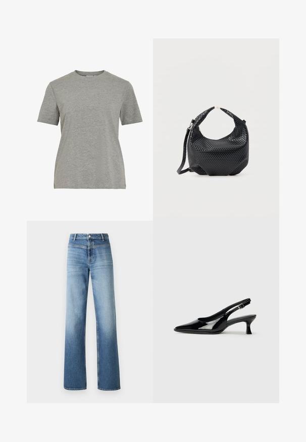 Graues Baumwoll-T-Shirt mit klassischem Rundhalsausschnitt, kurzen Ärmeln und glatter Textur, geeignet für legere Kleidung.; Hellblaue Denim-Jeans mit hoher Taille, geradem Bein, ausgeblichenem Waschdesign und klassischem Fünf-Taschen-Stil. Mit einem Knopfverschluss versehen.; Schwarze Lackleder Slingback-Schuhe mit spitzem Zehenbereich und niedrigem Blockabsatz. Verstellbarer Riemen mit Schnalle am Knöchel.; Schwarze gewebte Lederhandtasche mit kurzem Griff und abnehmbarem Schulterriemen, präsentiert vor einem schlichten hellen Hintergrund.